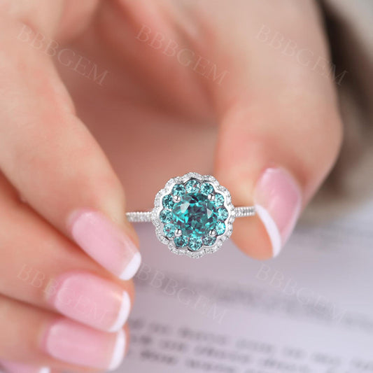1 Carat Alexandrite Ring Floral Halo Engagement Ring Vintage Romantic