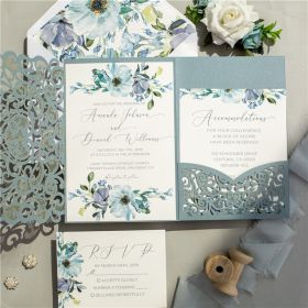 french blue and periwinkle watercolor flower wedding invitations with dusty blue laser cut pocket CLCI032