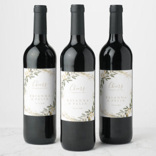 Geometric Gold Greenery Cheers Wedding Wine Labels