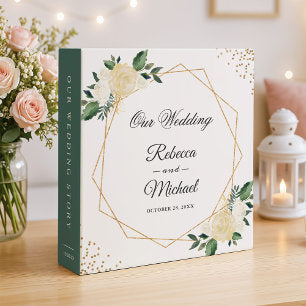Geometric Ivory White Floral Gold Wedding Albums 3 Ring Binder