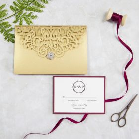Classic Gold And Burgundy Pocket Laser Cut Wedding Invitations Swws038