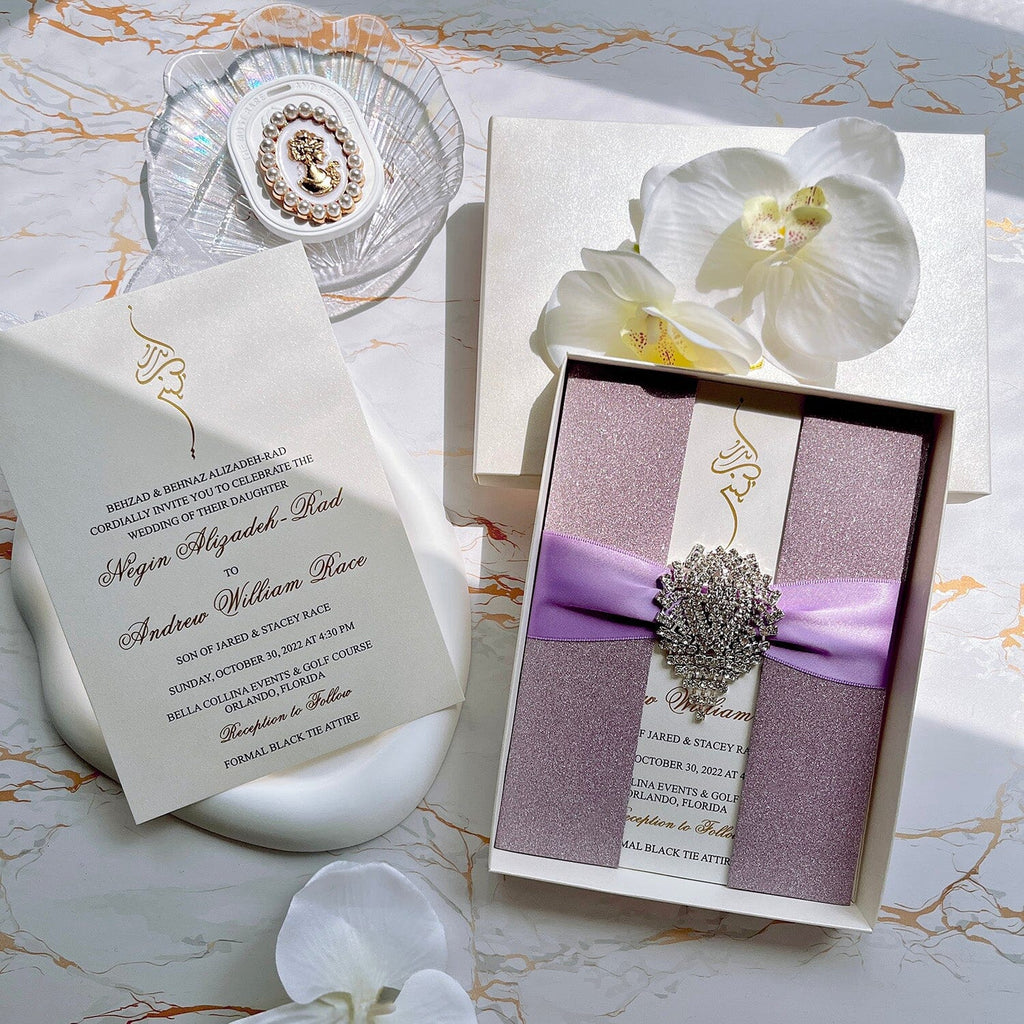 Glitter Lavender Diamond Wedding Invitations, Luxury Purple and Gold Foil Boxed Invites