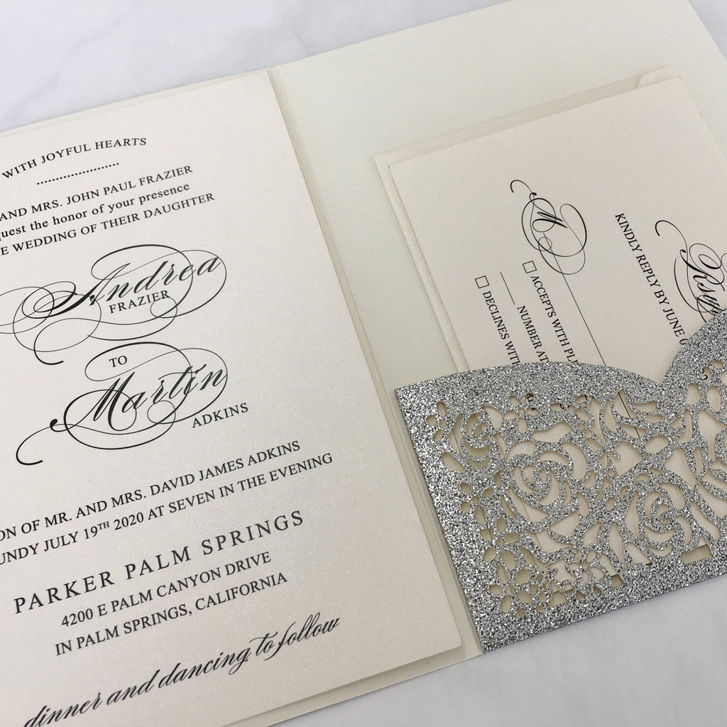 Glitter Paper Wedding Invitations Silver Laser Cut Invitations Card with Ivory Inner Card and RSVP Cards