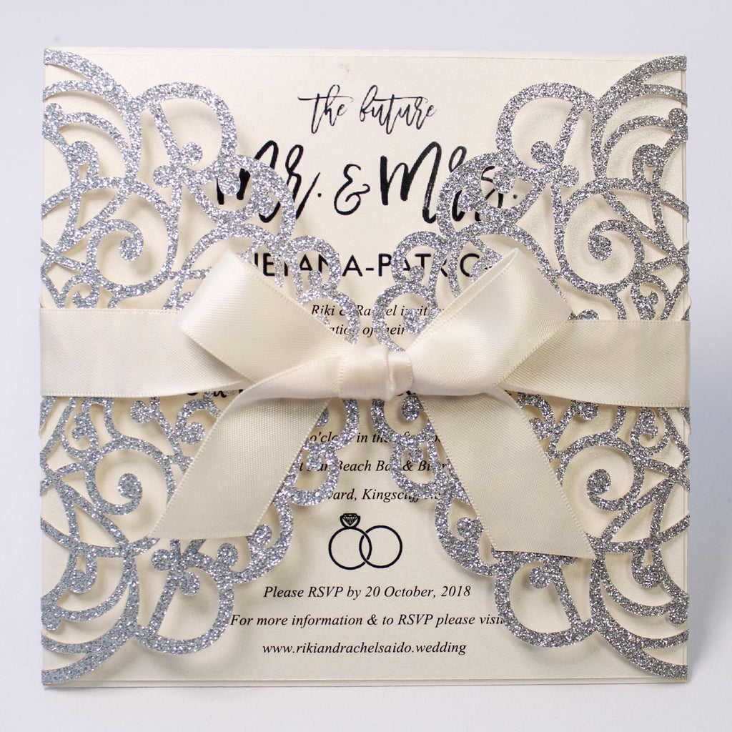 Glitter Silver Laser Cut Invitations With Envelopes for Luxury Wedding