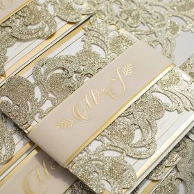 Glowing in Gold- Glittery Gold Laser Cut Wrap with Vellum Belly Band and Gold Foil Imprint CLCI006