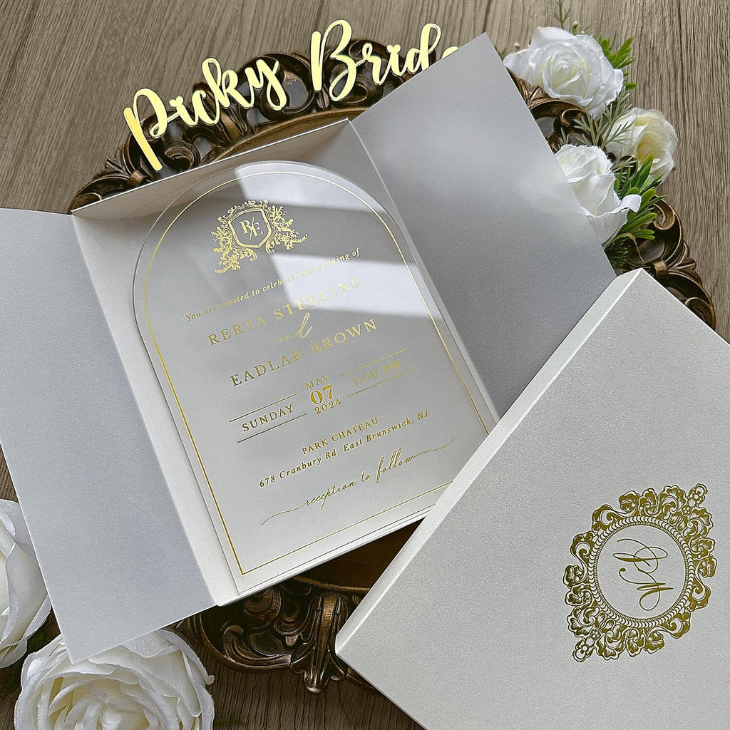 Gold Foiled Clear Acrylic Wedding Invitations with Pearl Box, Ivory Vellum and Customized Wax Seal, Luxury Boxed Invited