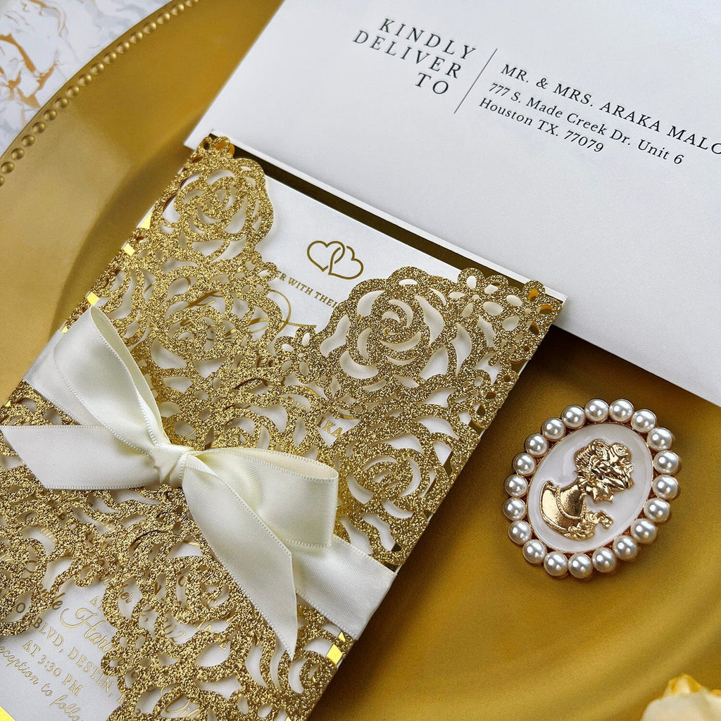 Gold Glitter Rose Wedding Invitations, Luxury Foil Gold Wedding Invitation with Laser Cut Gate