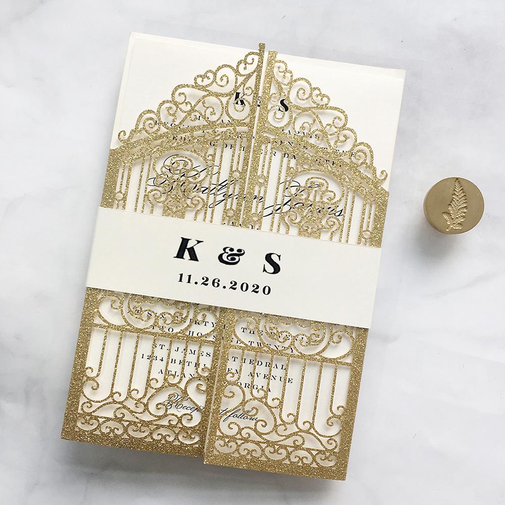 Gold Glitter Wedding Invitation Laser Cutting Invitations Gate Wedding Cards