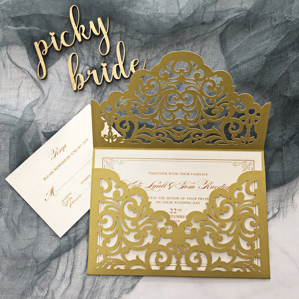 Gold Pocket Wedding Invitations Suite Elegant Laser Cut Invitation Wedding Cards