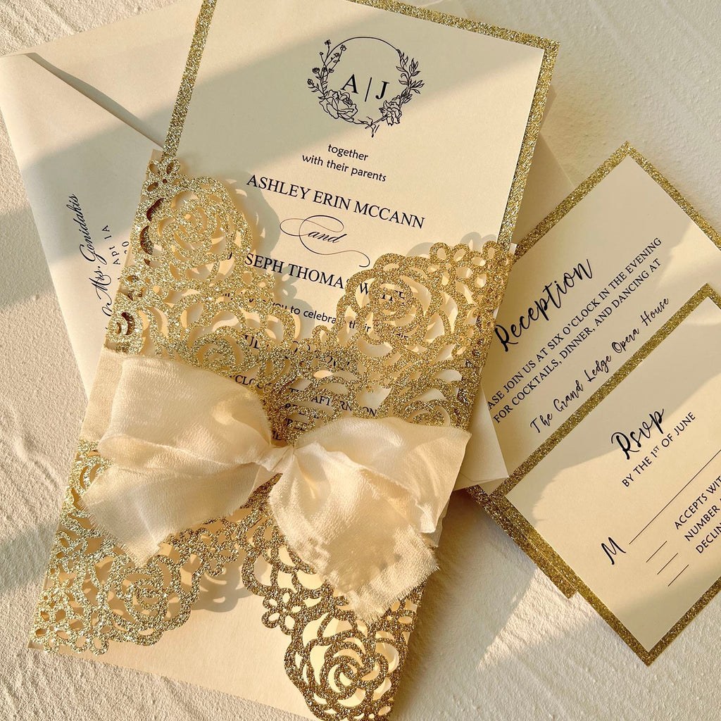Gold Wedding Invitation Suite, Champagne Glitter Rose Invites, Luxury Reception Invitations with RSVP