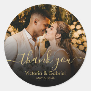 Gold Black Thank You Script Wedding Photo Classic Round Sticker