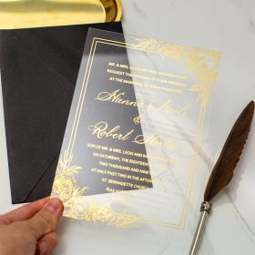 Gold Floral Print Acrylic Calligraphy Wedding Invitations CAX040