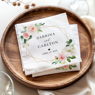 Gold Geometric Blush Pink Floral Wedding Napkins