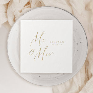 Gold modern Mr. and Mrs. script minimalist wedding Napkins