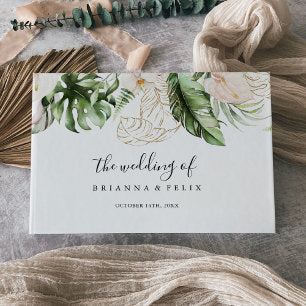 Gold Tropical Foliage Floral Wedding Guest Book