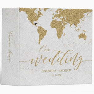 Gold World Map Destination Wedding Photo Album 3 Ring Binder