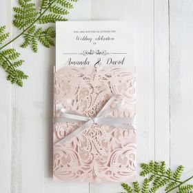 Elegant Blush Pink Laser Cut Wedding Invitation With Gray Band Swws034
