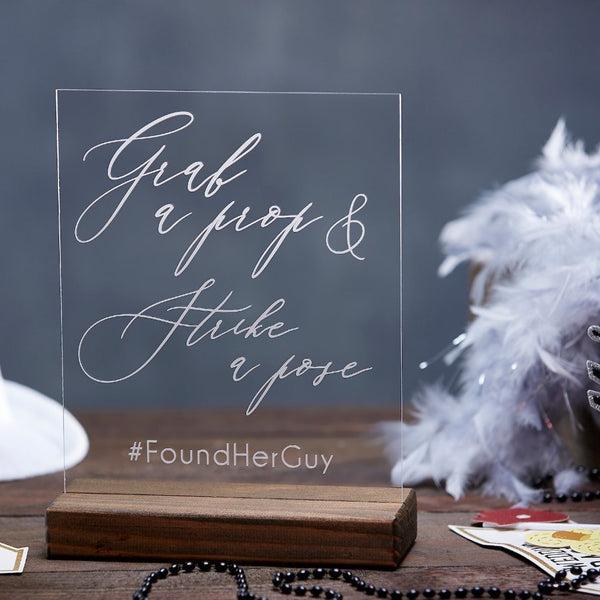 Grab a Prop & Strike a Pose Acrylic Wedding Sign with Personalized Hashtag