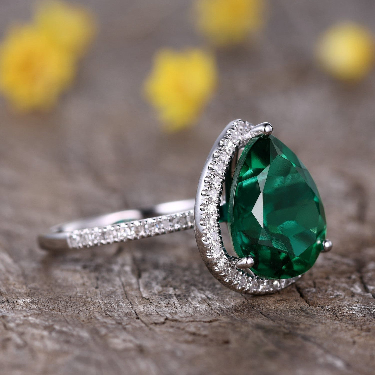 3 Carat Green Emerald Statement Ring 10x12mm Pear Teardrop Shape Women Cocktail Ring