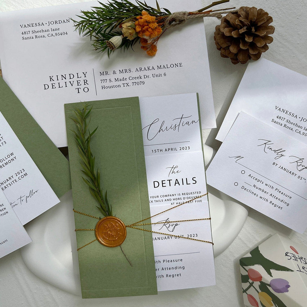Greenery Wedding Invitations with Wax Seal, Forest Green Wedding Theme, Calligraphy Wedding Cards and RSVP Card, Details Card