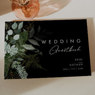 Greenery and Gold Leaf Black Wedding Guest Book