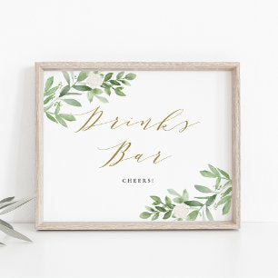 Greenery and White Flowers Wedding Drinks Bar Poster