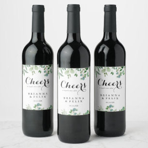 Greenery Eucalyptus Botanical Cheers Wedding Wine Label