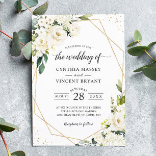 Greenery White Floral Gold Geometric Wedding Invitation