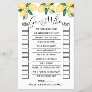 Guess Who Lemons Bridal Shower Game Card Flyer