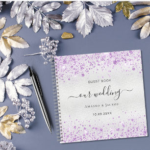 Guest book wedding silver lavender glitter names