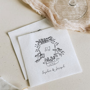 Hand Drawn Crest with Cherubs and Monogram Wedding Napkins