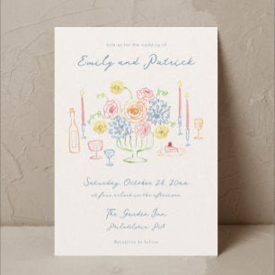 Hand drawn Whimsical Funky French Pastel Wedding Invitation