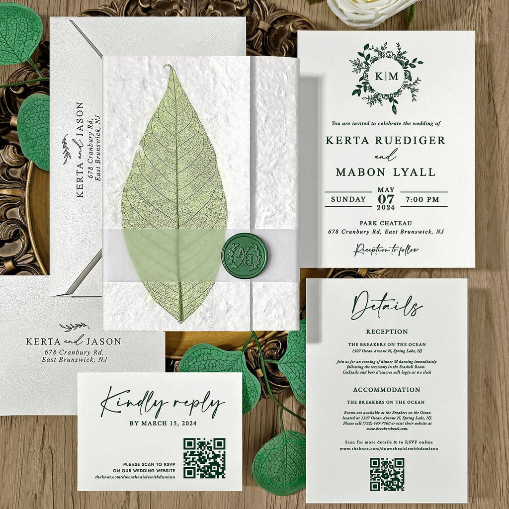 Handmade Botanical Wedding Invitations, Rustic Real Leaf Invites with Sage Green Wax Seal, Greenery Invitation with QR Code RSVP