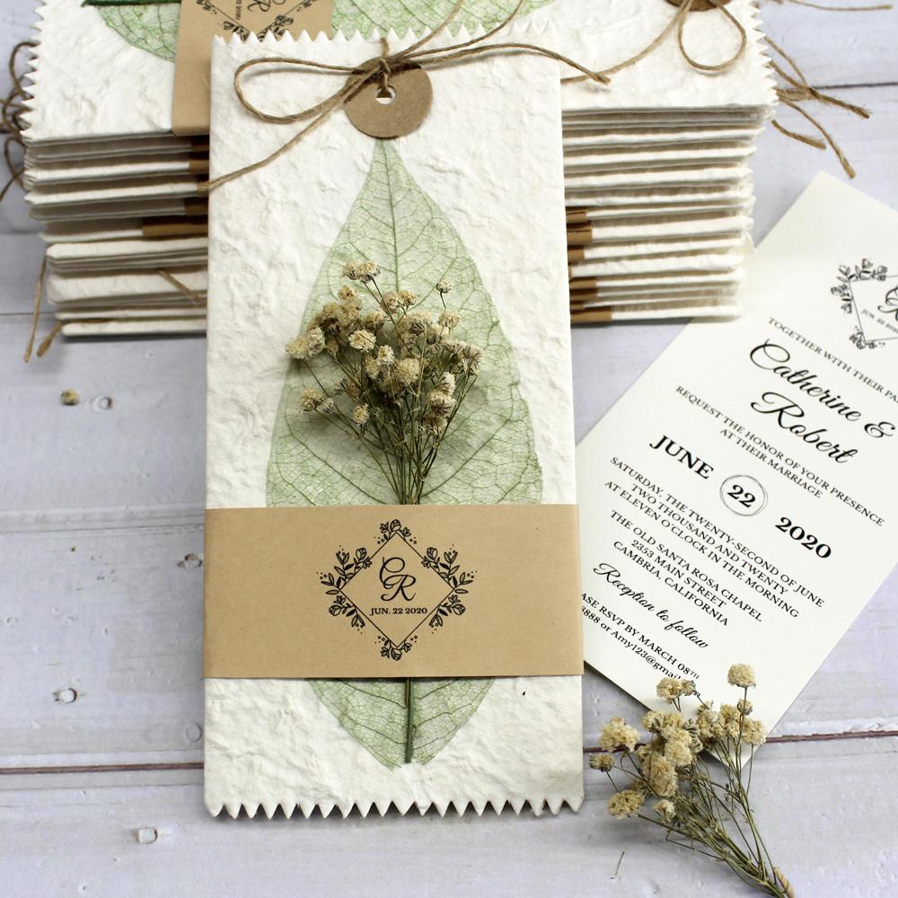 Handmade Green Leaf Wedding Invitations Personalized with Baby's Breath Flower