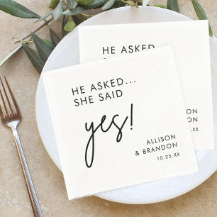 He Asked She said Yes Modern Engagement Party Napkins