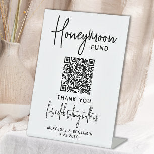 Honeymoon Fund Modern Calligraphy QR Code Wedding Pedestal Sign