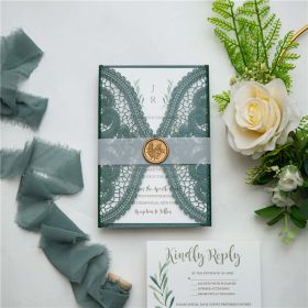 hunter green laser cut wedding invitations with transparent vellum belly band and leaf wax seal sticker CLCI033
