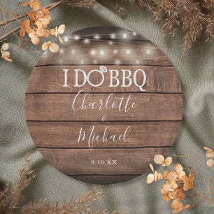 I Do BBQ Rustic Wood String Lights Engagement Paper Plates