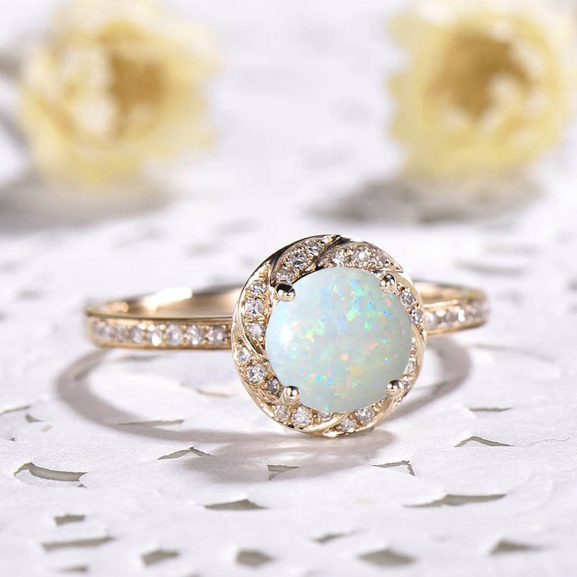 Fire White Opal Engagement Ring Diamond Opal Halo Ring