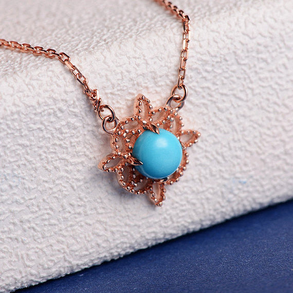 Flower Turquoise Rose Gold Charm Necklace Leaf Marquise Milgrain Dainty Solitaire Anniversary Mothers Day Gift