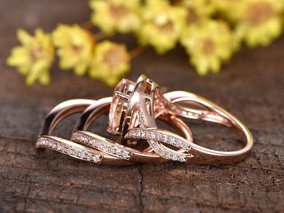 3pcs Pear Pink Morganite Ifinity Bridal Ring Set in 18k Rose Gold 2.2 Carat