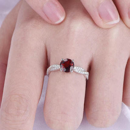 Garnet Engagement Ring 6.5mm Round Cut Garnet Ring Twisted Diamond Diamond Wedding Band Solid 14k White Gold Prongs Set Promise Ring