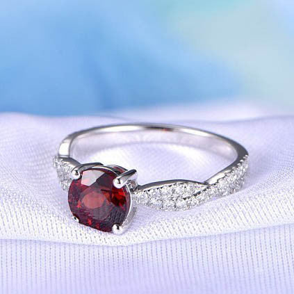 Garnet Engagement Ring 6.5mm Round Cut Garnet Ring Twisted Diamond Diamond Wedding Band Solid 14k White Gold Prongs Set Promise Ring