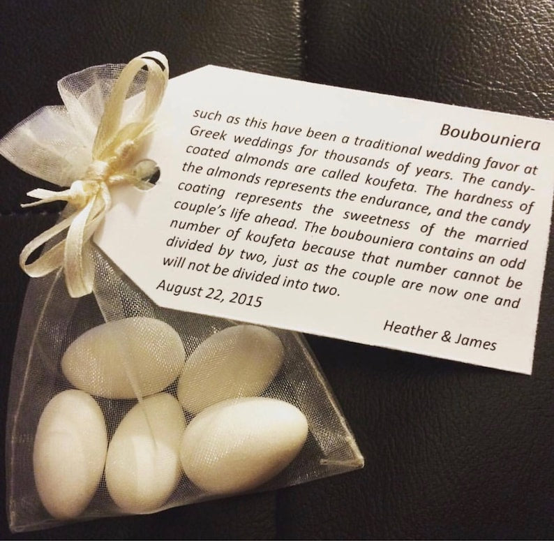 50x Elegant White Boubouniere Favors | Greek Wedding Candy Favor | Custom Tag | 5 Jordan Almonds | Baptism, Bridal Shower, Christening favor