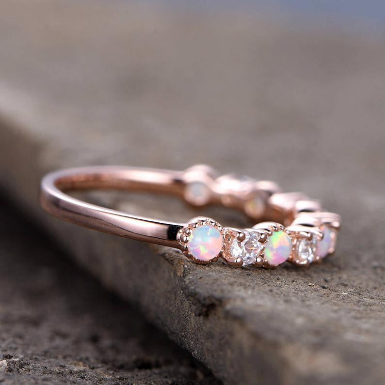 Half Eternity Vintage Opal and CZ Matching Wedding Band 14k Rose Gold Ring