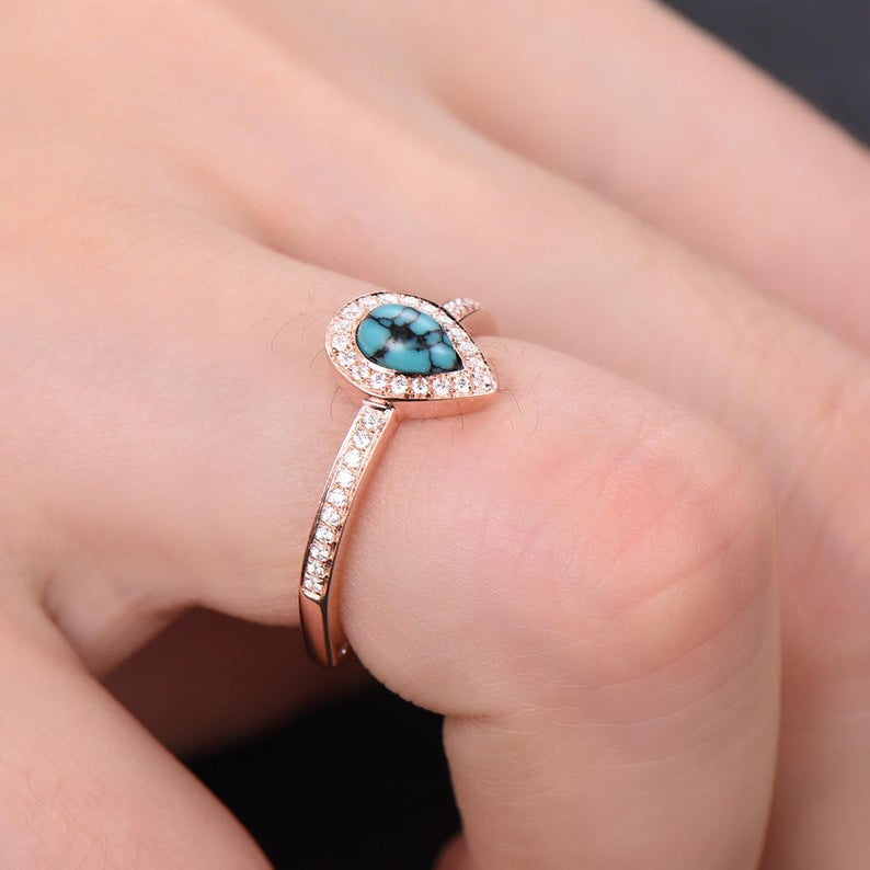 Diamond Halo 4*6mm Pear Shaped Turquoise Engagement Ring Rose Gold 14K/18K/Silver