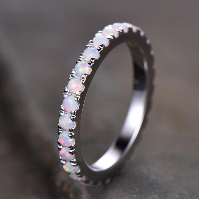 Full Eternity Opal Wedding Band Ring in 14k White Gold Stackable Matching Band for Women