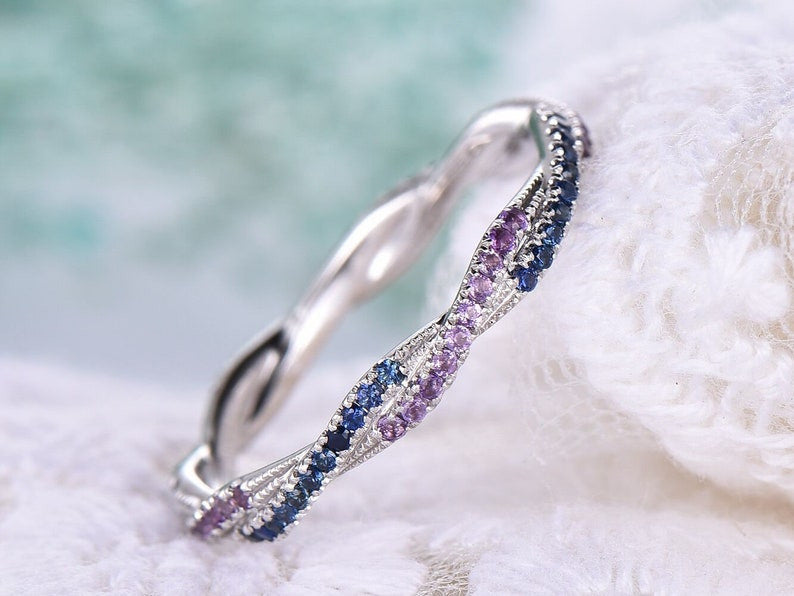 Full Eternity White Gold Infinity Amethyst Sapphire Wedding Band Promise Ring