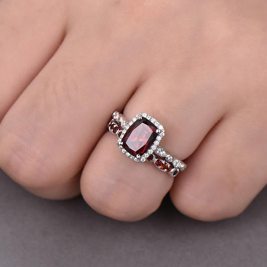 Garnet Fancy Halo Diamond Engagement Ring with Side Stones Bridal Set