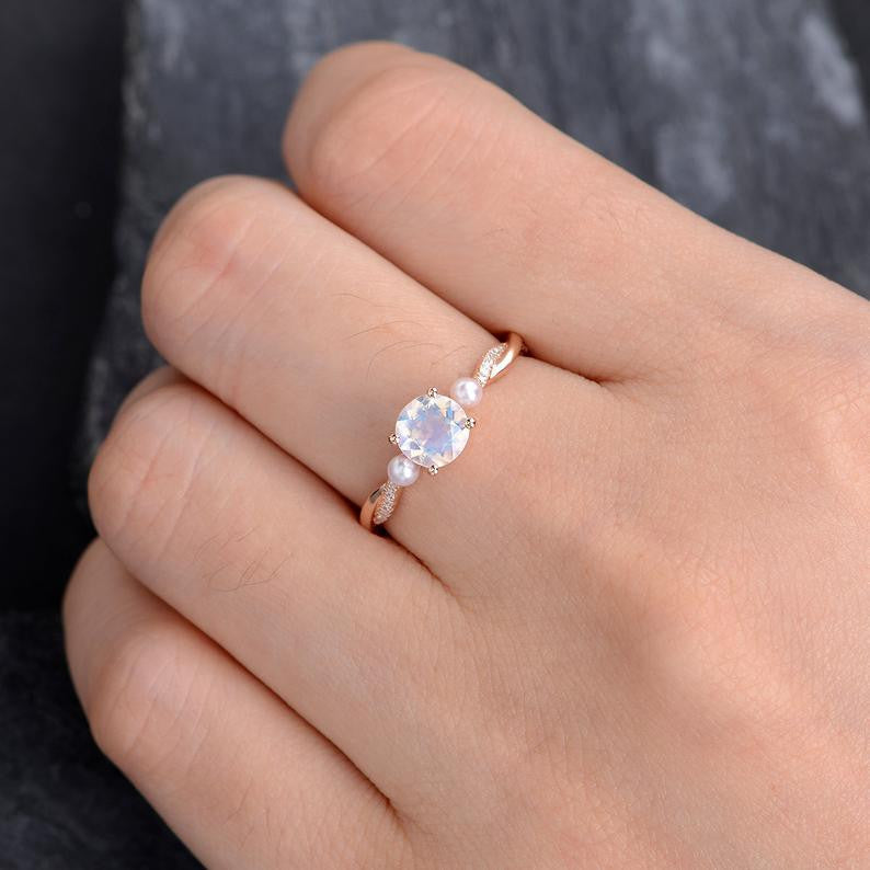 Infinity Round Cut Moonstone Engagement Ring With Akoya Pearl White Gold Three Stone Wedding Band